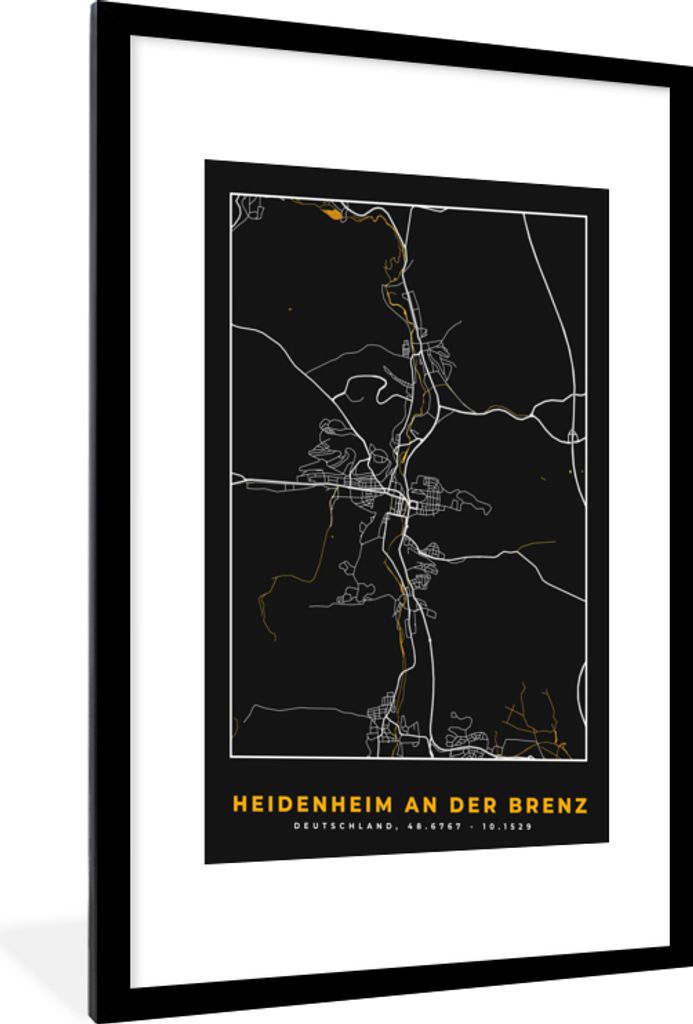 MuchoWow Gerahmtes Poster Karte - Stadtplan - Heidenheim an der Brenz - Deutschland - Gold 60x90 cm - Poster mit Schwarzem Bilderrahmen Wandposte...