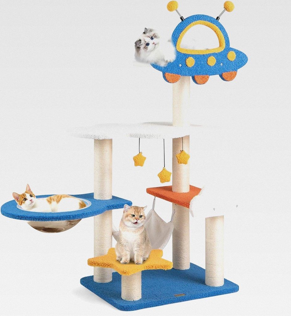 Kratzbaum Klein, Weltraum-Thema, Katzenbaum mit UFO-Plattform, Spielzeug, Sisal-Kratzsäulen, Hängematte & Raumkapsel, Katzenkratzbaum, Katzen Kat...
