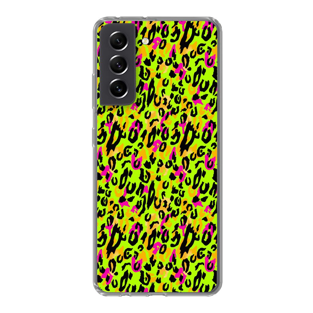 MuchoWow Handyhülle Schutzhülle Hülle für Samsung Galaxy S21 FE Tierprint - Panther - Neon - Gelb Silikon Softcase Handy Hülle - Mobiltelefo...