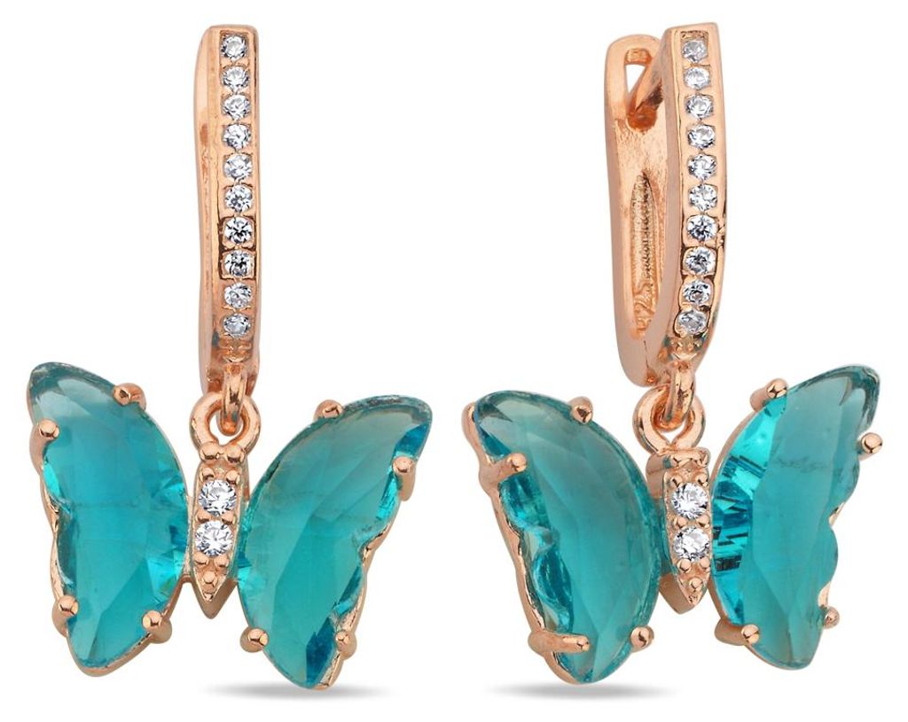 Schmetterling Hängeohrringe 925 Silber Roségold mit blauem Zirkonia