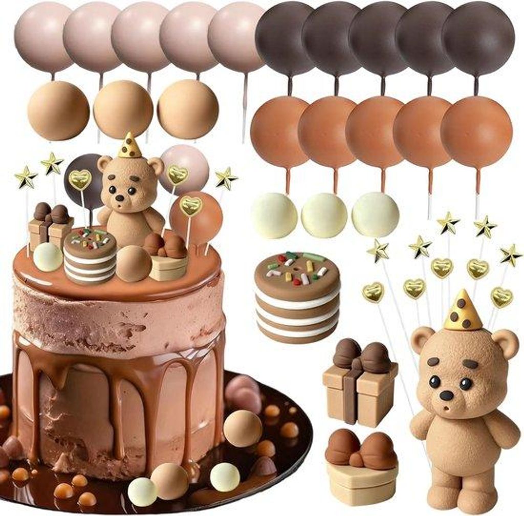 35-Stück Teddybär-Cake-Decorations-Set - Inklusive Cake-Topper - Dekorative Kugeln - Sterne & Herzen - Dekoration 1. Geburtstag für Kuchen, Cupc...