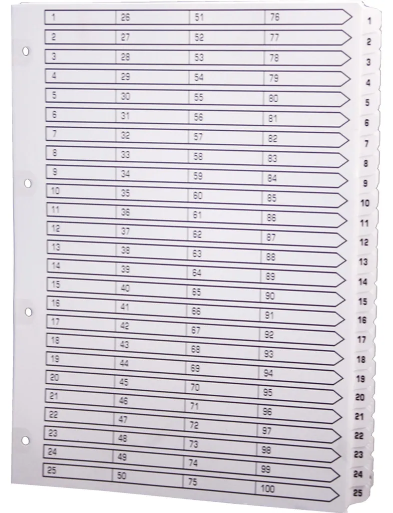 Exacompta 2x Intercalaires imprimés 1 à 100 A4 Blanc MWD1-100Z Robuste