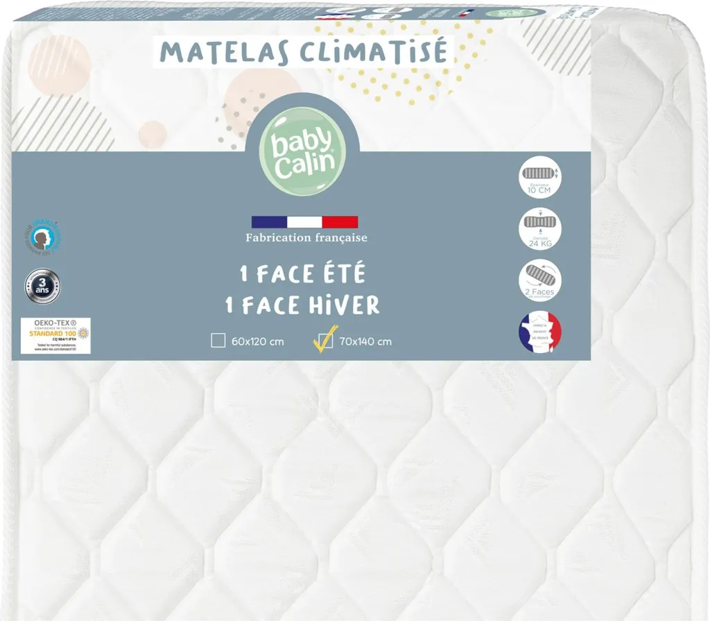 Babycalin Matelas Climatisé Bébé 70x140 cm Blanc avec 2 Faces de Couchage