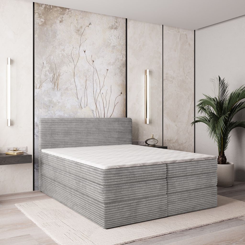 Masseno Boxspringbett LUNERA 160x200 cm Komplett-Set mit Bonell Matratze und Topper, Polsterbett mit Bettkästen -Hellgrau, TILIA 86