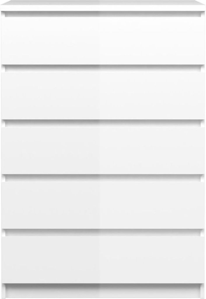 A front view of a white, high-gloss chest of drawers with five drawers.