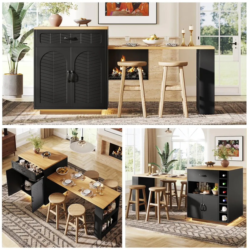 Îlot Cuisine Moderne Noir LED 4 Portes et Table Rallonge, Meuble Bar