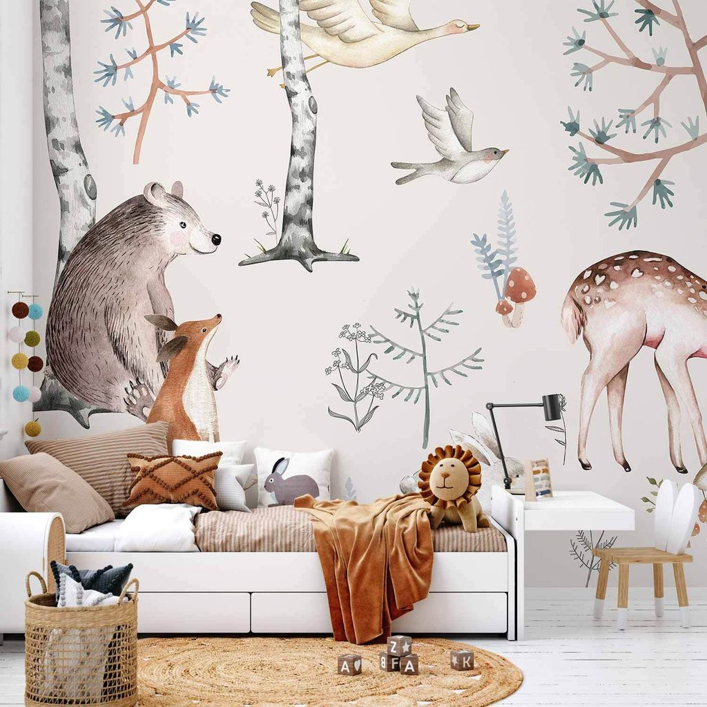 Vlies Fototapete - Forest Land With Animals Painted in Watercolours 350x245 cm Für Kinder e-C-10094-a-a