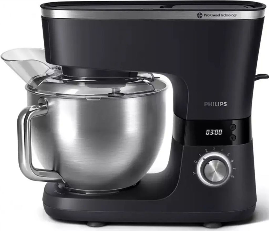 A black Philips stand mixer with a silver bowl is shown against a white background.
