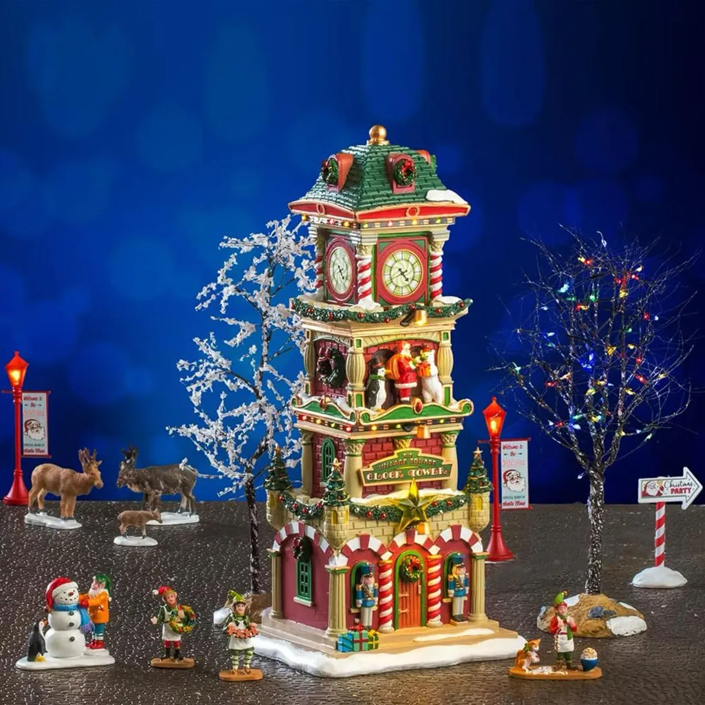 Scène de Village de Noël Horloge Centrale et Figurines Décoratives 15 pcs