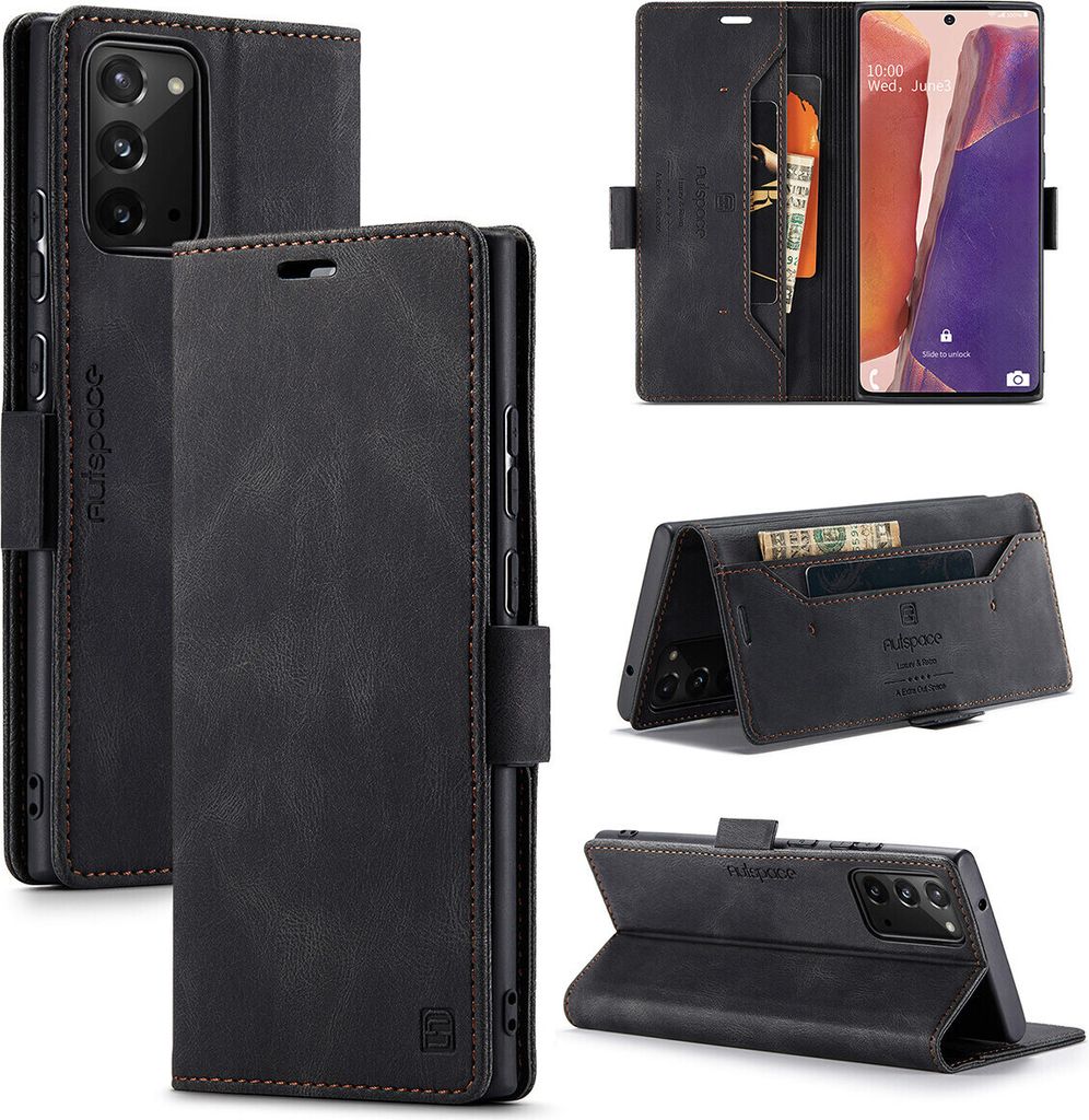 Galaxy Note 20 Brieftasche Hülle, Retro Kunstledertasche Stand Schutzhülle für Samsung Galaxy Note 20 Black Schwarz