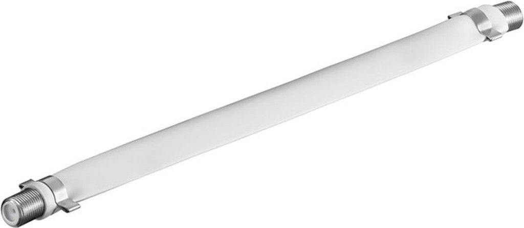 A white coaxial cable adapter with silver connectors on a white background.