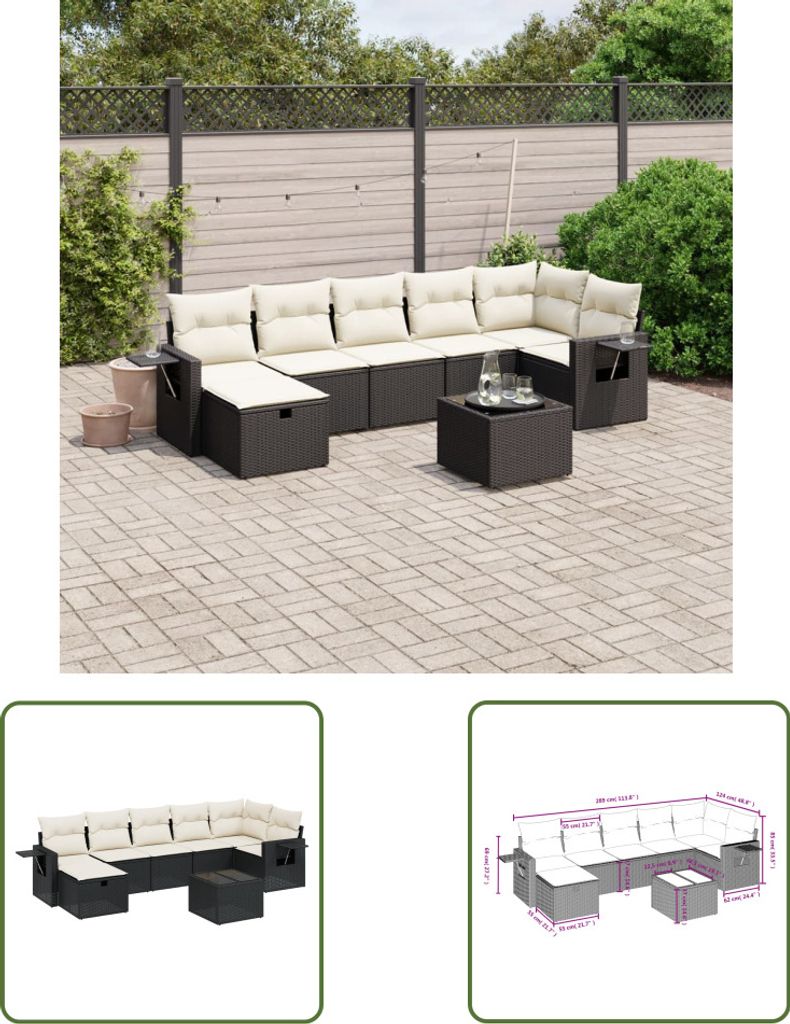 The Living Store 8-tlg. Garten-Sofagarnitur mit Kissen Schwarz Poly Rattan