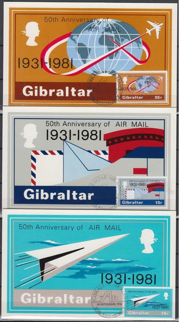Gibraltar Nr. 426-428 auf 3 Sonderkarten "Luftpost Flugzeuge"