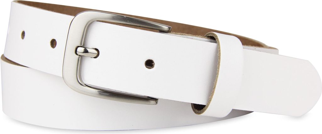 A white leather belt with a silver buckle is shown against a white background.