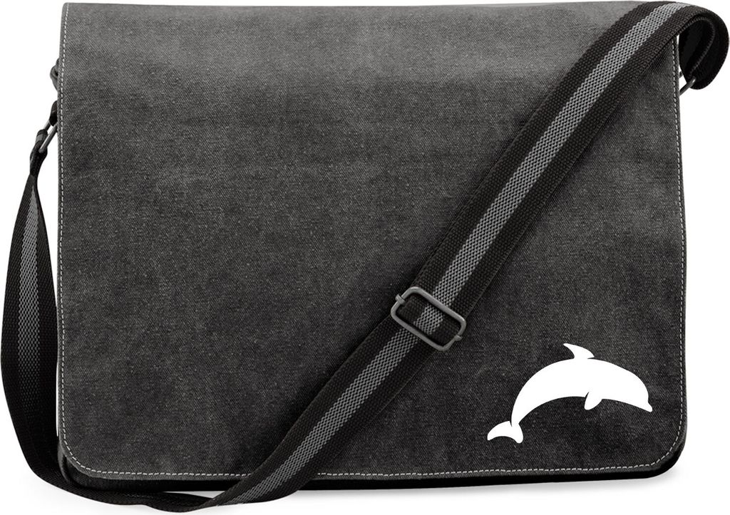 Huuraa Umhängetasche Delfin Silhouette 14 Liter Black Canvas Laptoptasche Geschenkidee