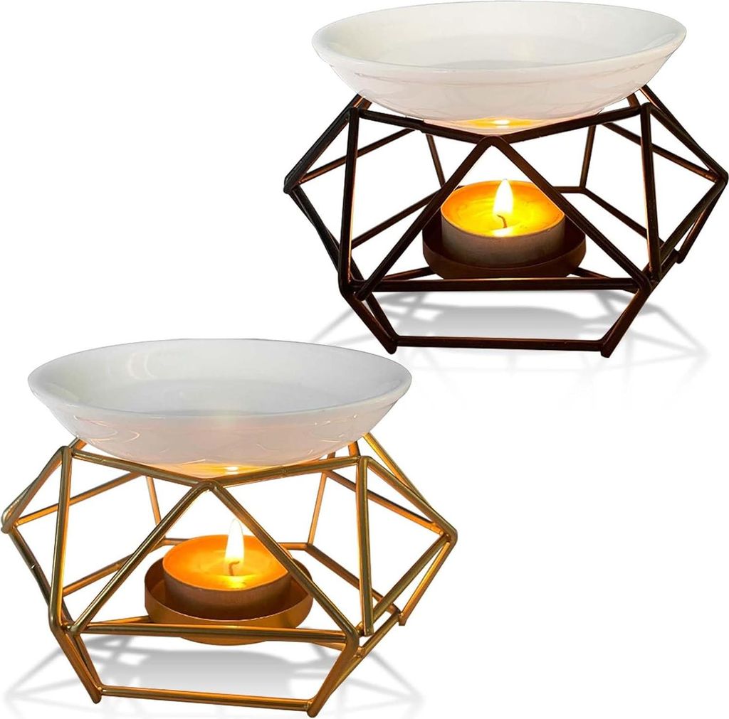 2 Stück Duftlampe aus Metall und Keramik,Duftwachs Lampe mit Teelicht Halter aus Eisen Alles fürs Weihnachtsessen Festliche Atmosphäre Schwarz+Gold