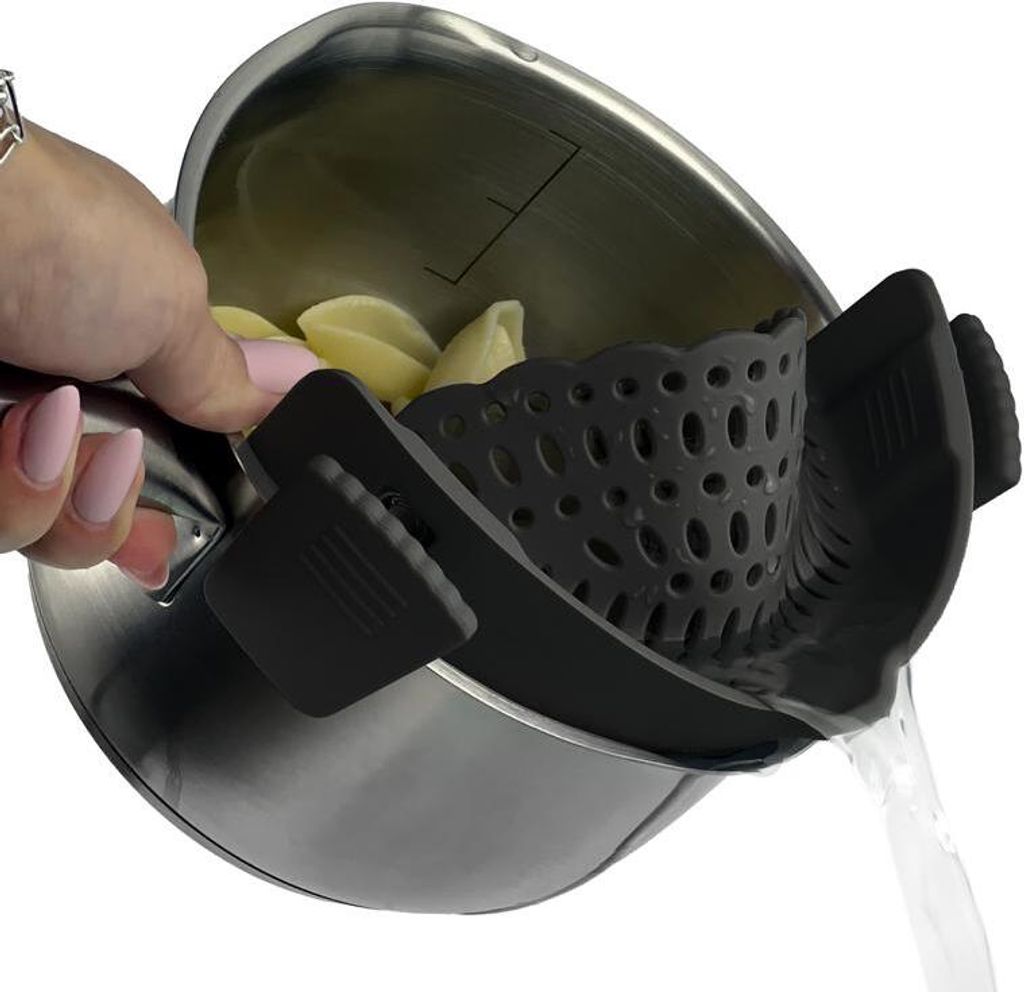 Silikonische Pastazeef - Für Pasta, Gemüse und Obst geeignet - Für den Topf klicken - Schwarz