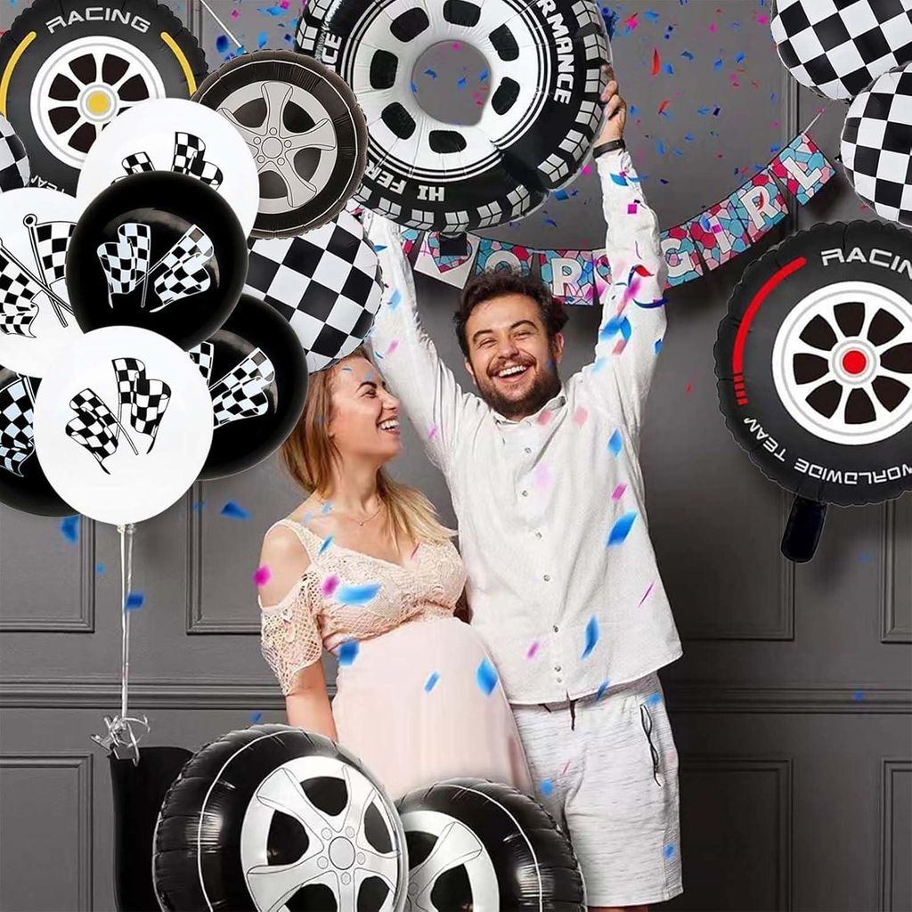 Gerüschte Ballons Rennwagen - Auto Rad Ballons Band Ballons Aluminiumfolie Schwarz-Weiß Gerüschte Flaggen Ballons Für Renn-Thema Geburtstagspar...