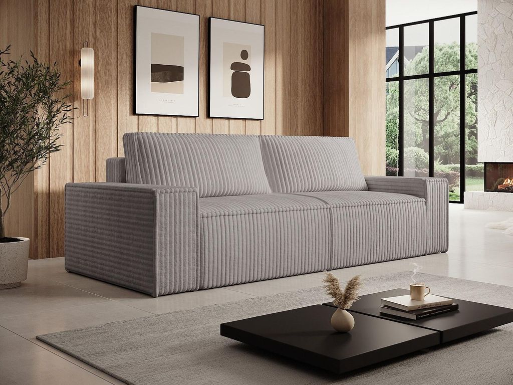 3-Sitzer-Sofa aus hellgrauem, breit gestreiftem Kord - AMELIA