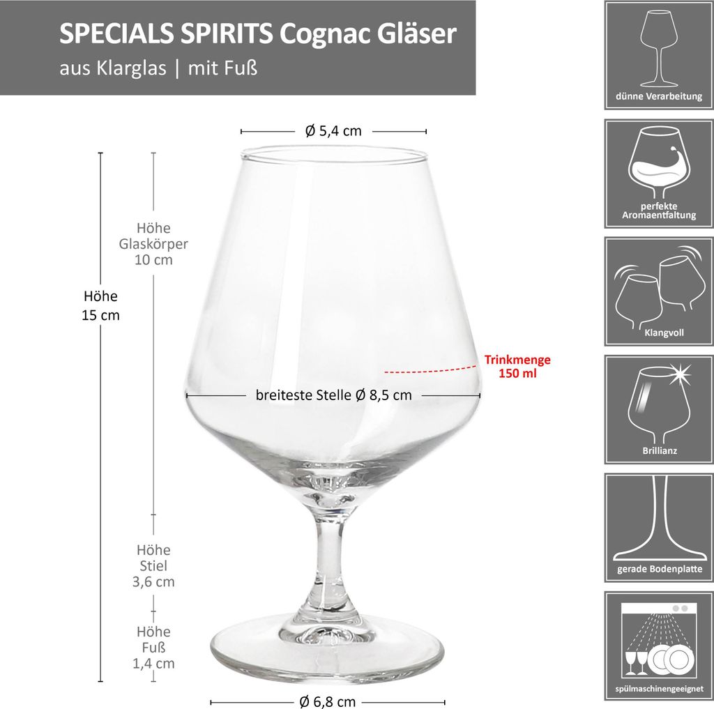 6x Special Spirits Cognac Schwenker 150ml Brandy-Glas Transparent