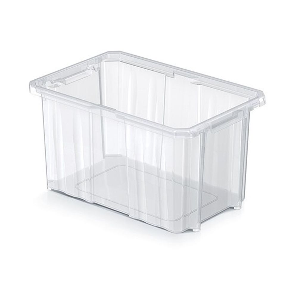 A clear, studio shot of a transparent plastic storage box.
