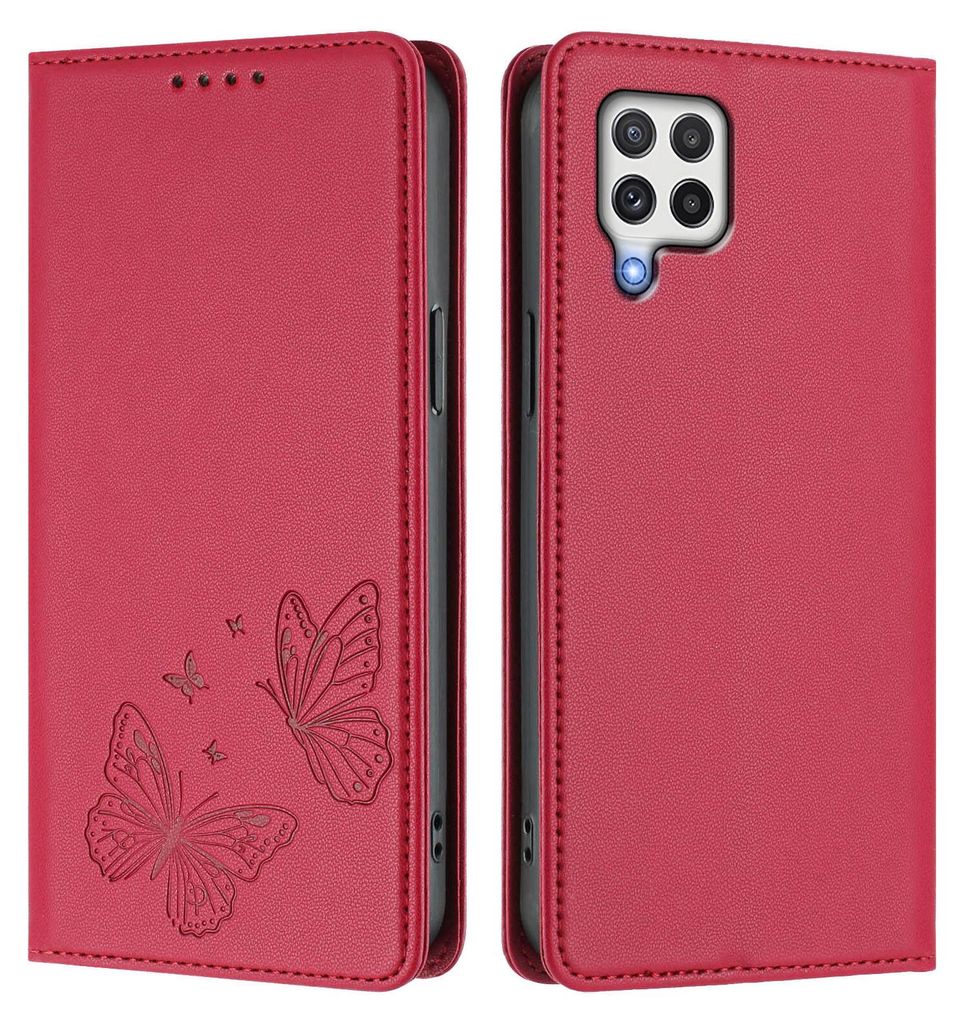 Lederhülle für Samsung Galaxy A22 4G, Schmetterling Prägung Leder Brieftasche Schutzhülle mit Ständer Rot
