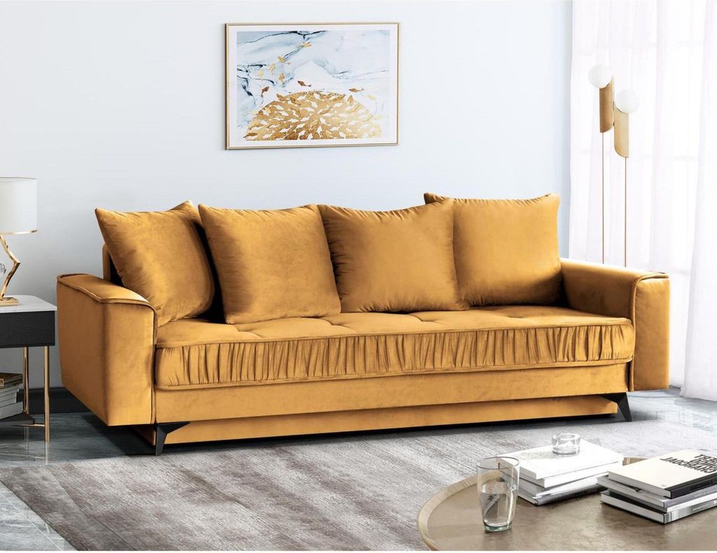 Stilvoll Schlafsofa für 3 Personen Monaco Sofa mit Schlaffunktion Bettkasten Dreisitzer aus Veloursbezug, Farbe: Gelb