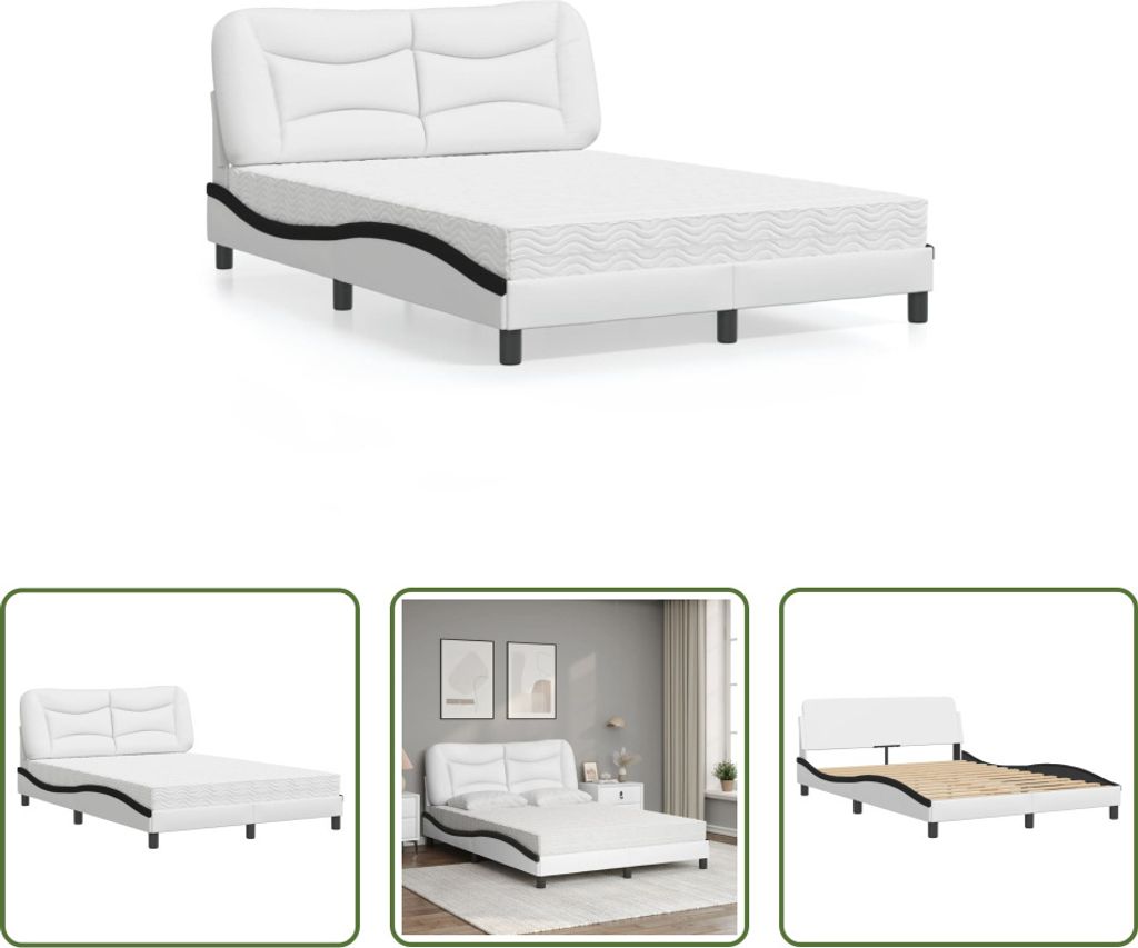 The Living Store Bett mit Matratze Weiß und Schwarz 120x200 cm Kunstleder