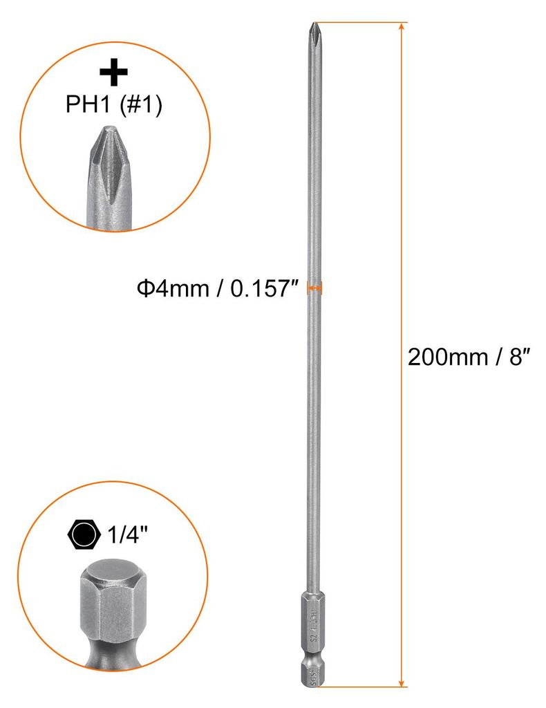 PH1 Phillips Schraubendreher Bit Set mit 1/4" Sechskantschaft, 4mm Stab 200mm Lang Magnetische Kreuzkopf Bitsatz S2 Stahl Bohrer Elektrowerkzeug f...