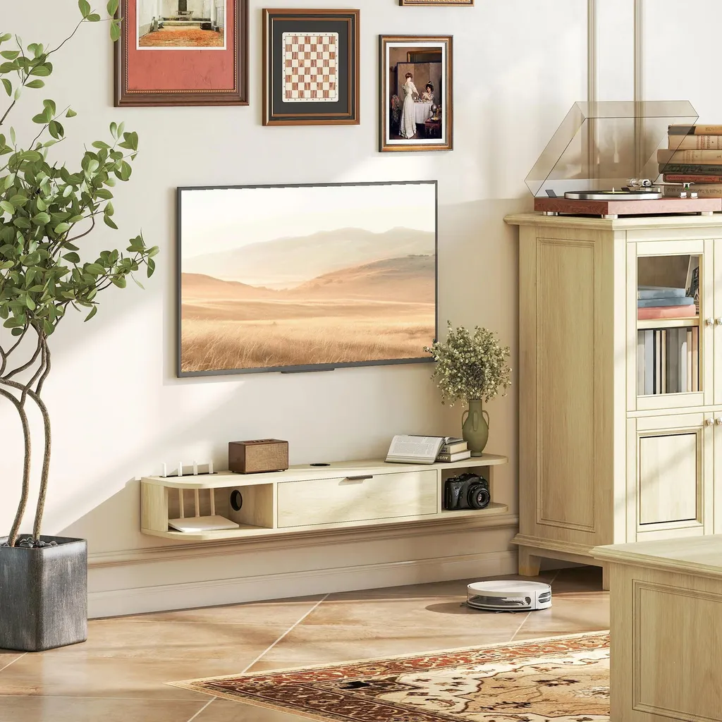 Buffet TV mural suspendu meuble de salon moderne bois naturel 140cm chêne