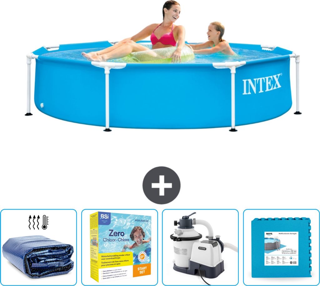 Intex-Schwimmbecken mit rundem Rahmen – 244 x 51 cm – Blau – im Lieferumfang enthalten Sonnensegel - Wartungspaket - Filterpumpe für Schwimm...