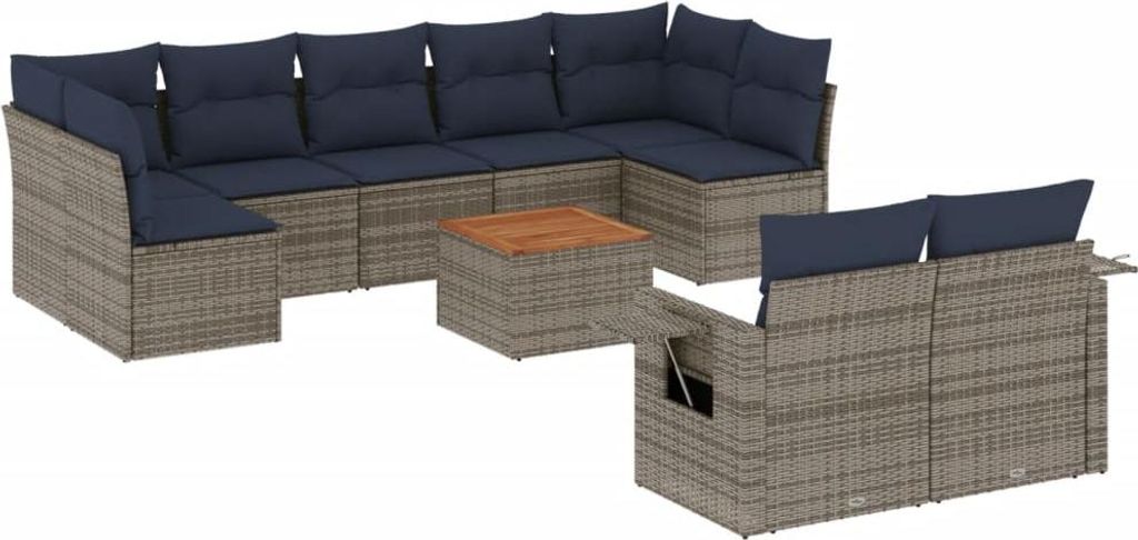 vidaXL 10-teiliges Gartensofa-Set mit Kissen, grau, Polyrattan