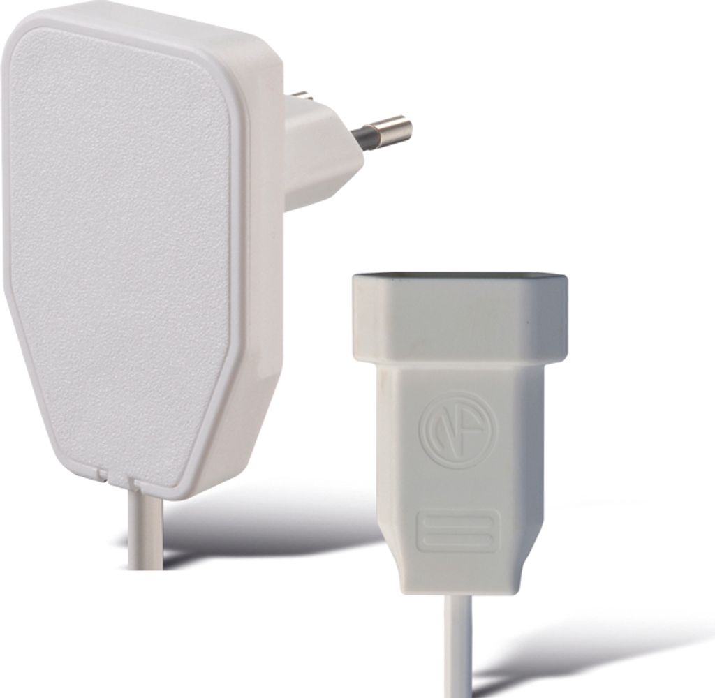 A white power adapter and a white plug are shown against a white background.