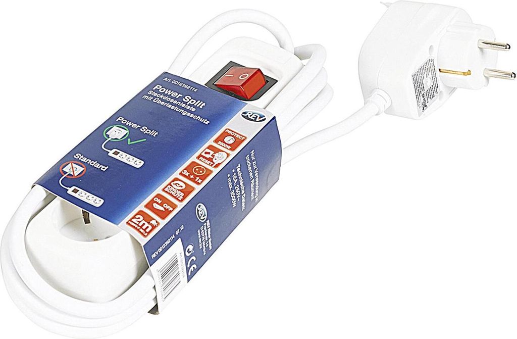A white power strip with a red switch, partially wrapped in its retail packaging, lying on a white surface.