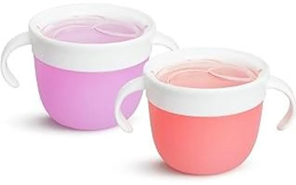 Set di 2 contenitori per snack Munchkin | Contenitore per snack per bambini piccoli e vasetto per alimenti per neonati | Supporto e contenitore per alimenti | Vasetto per alimenti senza BPA con manici | A prova di fuoriuscite - Rosa/Viola - 1