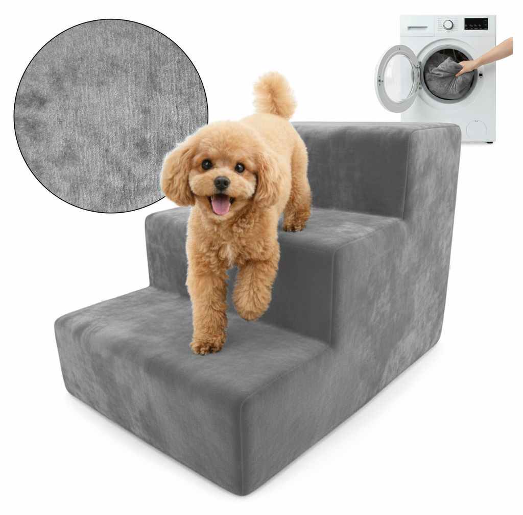 Muralo Treppe für Hund und Katze Rampe HUNDETREPPE Treppe für Haustiere 3 Stufen Grau Magic Velvet Stoff