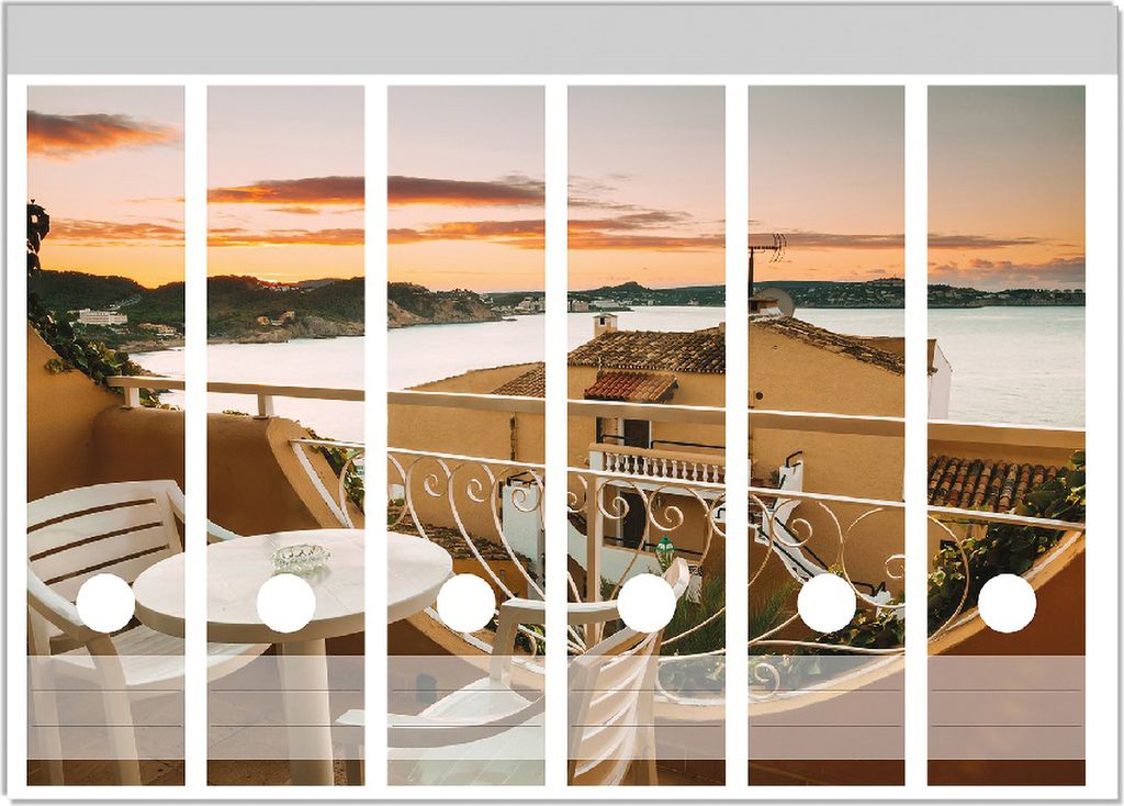 Wallario Ordnerrücken Sticker, selbstklebend für breite Ordner, 6 Stück, Motiv Sommer in Spanien - Ausblick von einer schönen Terrasse auf das ...