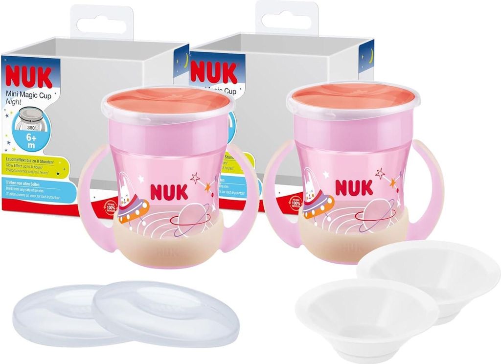 NUK Mini Magic Cup GITD Set – 2x leuchtende Becher 160ml + Zubehör, -frei