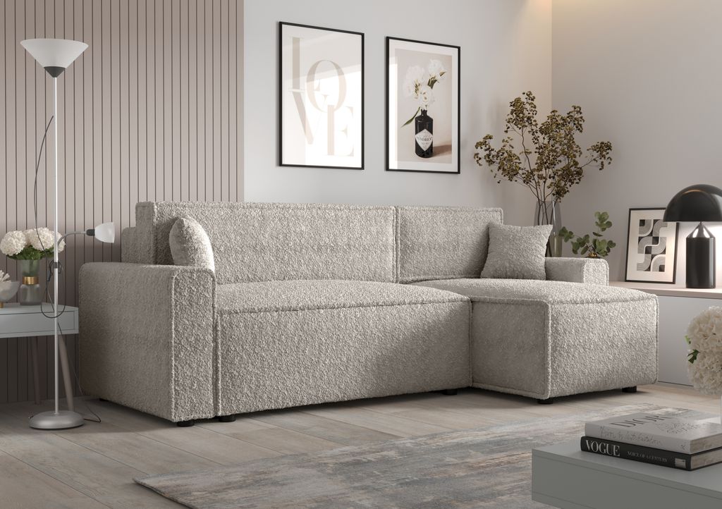 Ecksofa Alvito BIS, Farbe: Elfenbein. Material: Bouclé. A: B: 252 cm,H: 85 cm,Länge: 140 cm, Eckcouch, Schlafcouch, Sofa bed, Schlafsofa