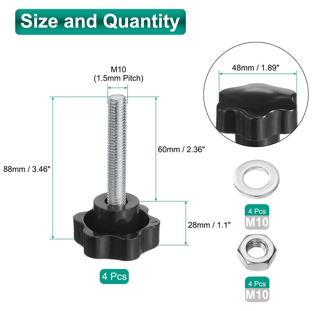 4 Stš¹ck Sterngriffschraube M10 x 60mm mit Muttern Unterlegscheiben, Sterngriff R?ndelschraube Verzinkter Kohlenstoffstahl 48mm Sterngriffmutter ...