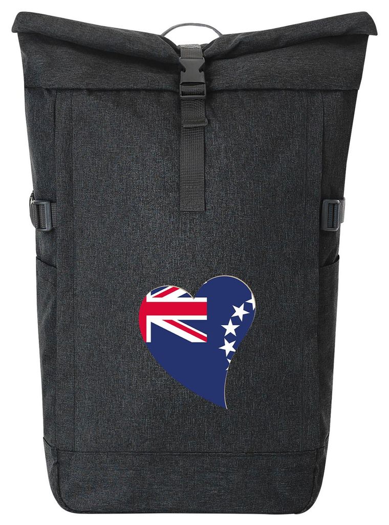 Huuraa Kurierrucksack Cookinseln Flagge Herz 30-44 Liter Black Melange Fairtrade Rolltop Rucksack Geschenkidee