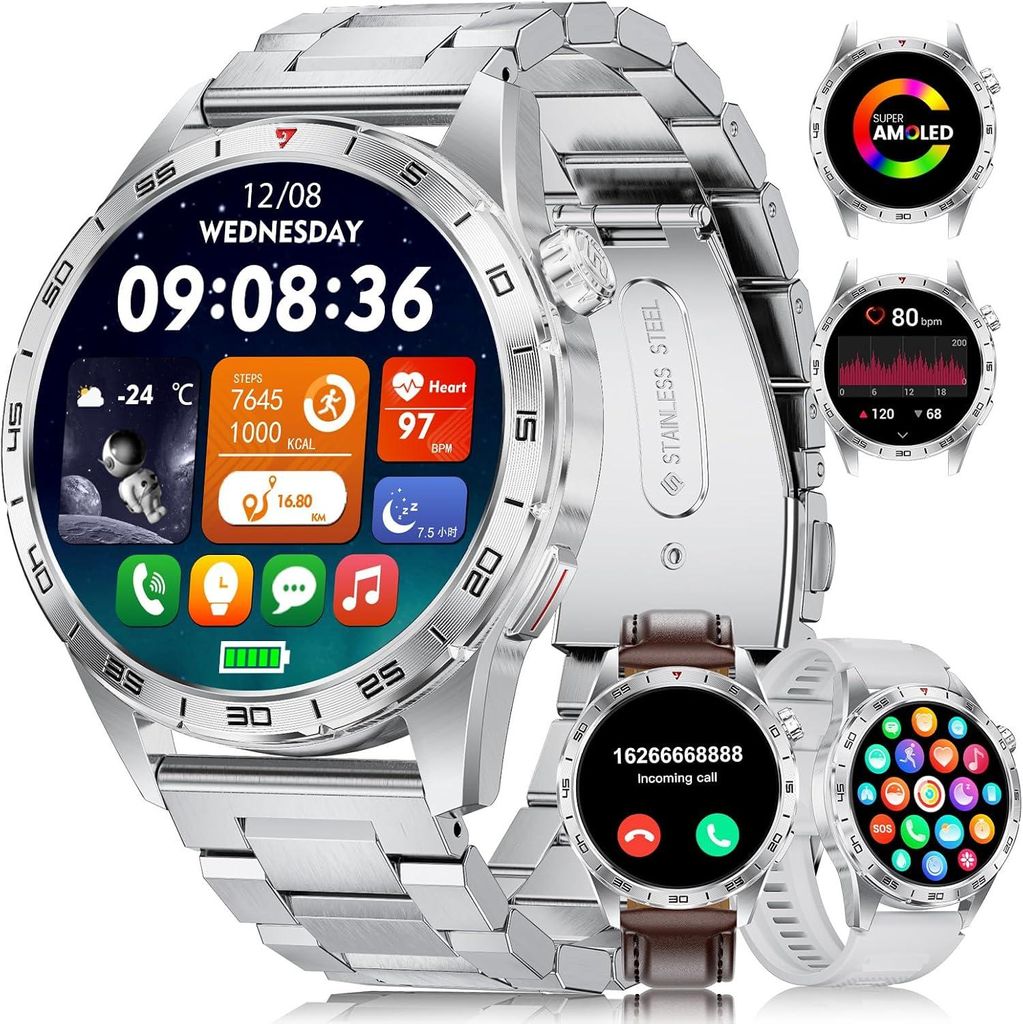 LIGE Smartwatch Herren Militär mit 3 Armbands, 1,43'' AMOLED Fitnessuhr mit Telefonfunktion, 400mAh Akku, 100+ Sportmodi, IP68 Wasserdicht