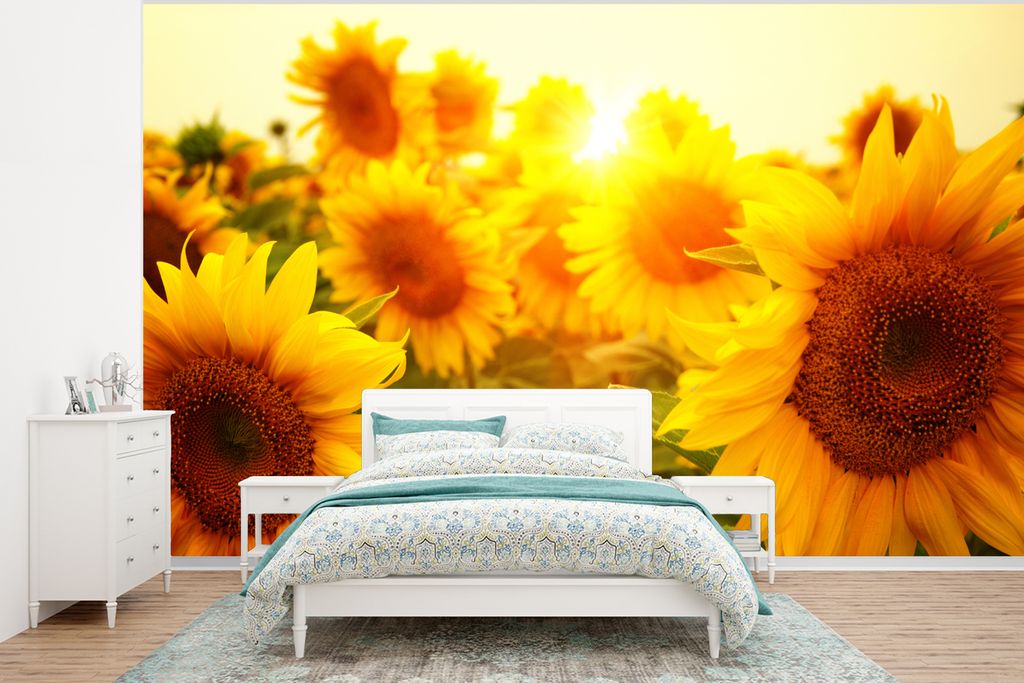 MuchoWow Fototapete für Wohnzimmer oder Schlafzimmer Wandtapete Vinyl Motivtapete Sonnenblume - Gelb - Blumen - Sonne - 350x260 cm - Wohnzimmer-...