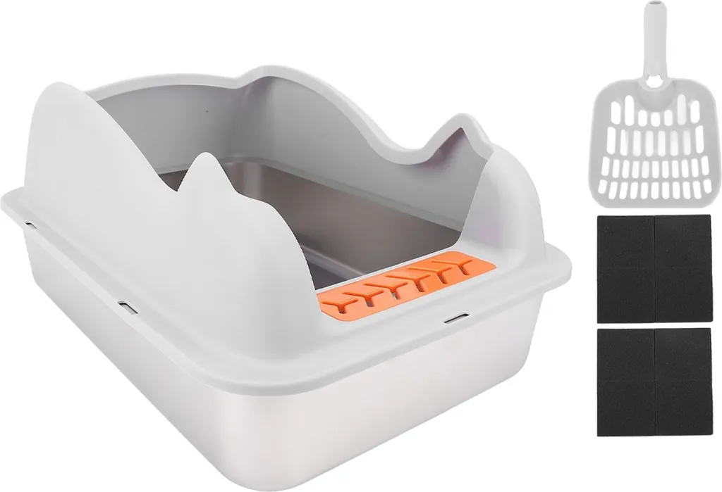 Lettiera per gatti in acciaio inox con coperchio facile da pulire anti-schizzo a lato alto grande in metallo grigio chiaro