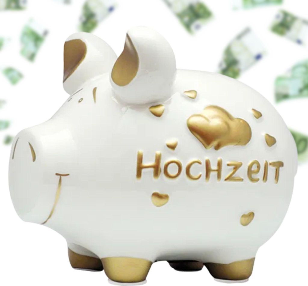 Große Spardose Sparschwein HOCHZEIT weiß, gold 17 cm