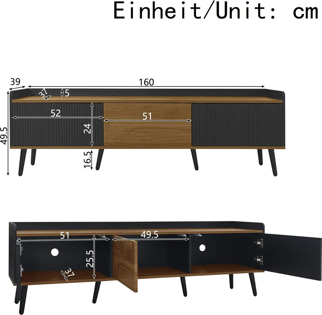 Buffet bas multimédia bicolore 160 cm avec rangements fermés 3 portes