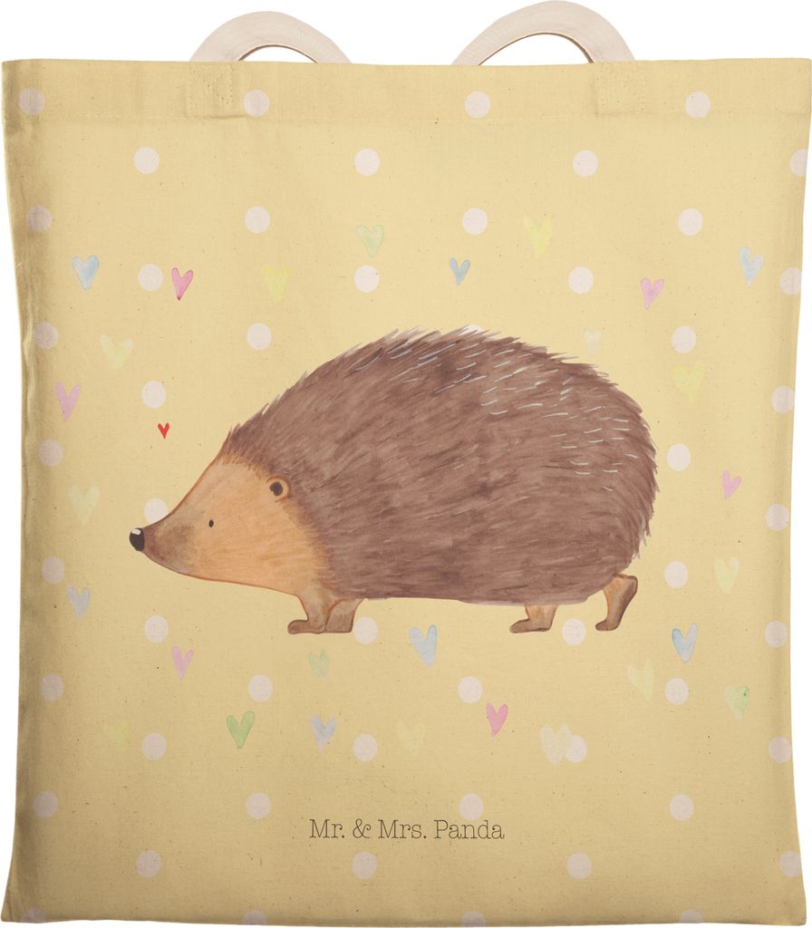Mr. & Mrs. Panda Beuteltasche Igel Herzen - Gelb Pastell - Geschenk, Tote Bag, Herz, Stoffbeutel, Beutel, Lustige Sprüche, shopping, Kuss, Leben, ...