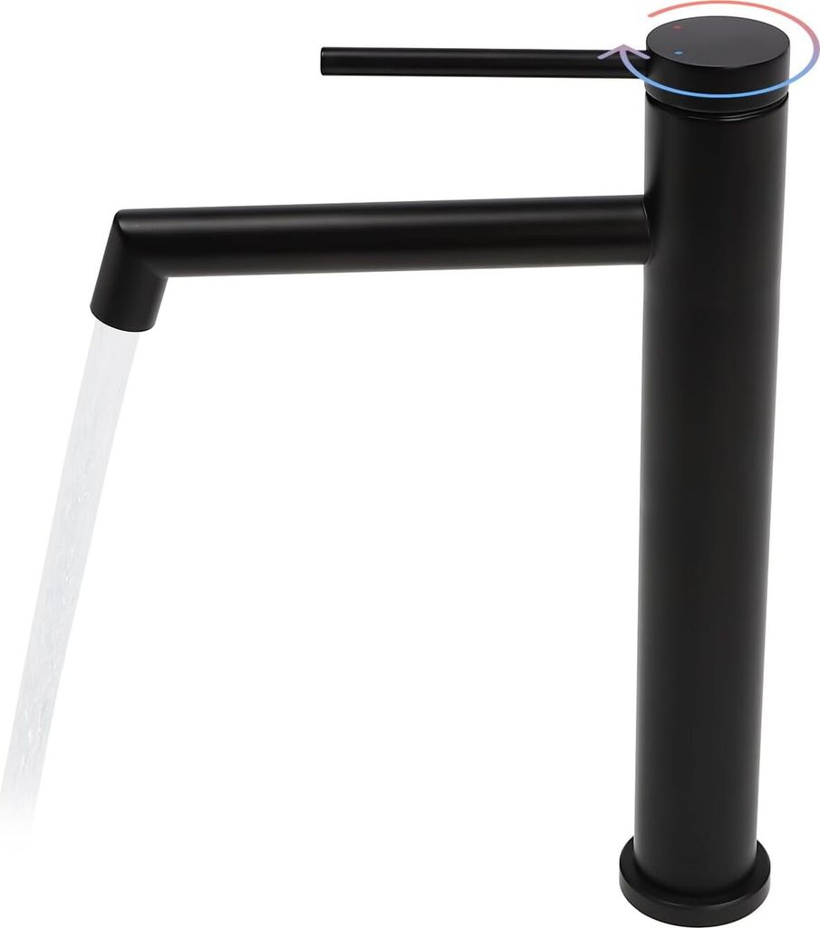 A black faucet with water flowing from the spout, isolated on a white background.