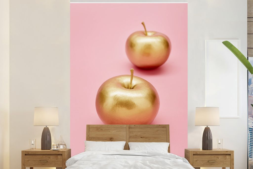 MuchoWow Fototapete für Wohnzimmer oder Schlafzimmer Wandtapete Vinyl Motivtapete Apfel - Gold - Stilleben - 160x240 cm - Vinyltapete