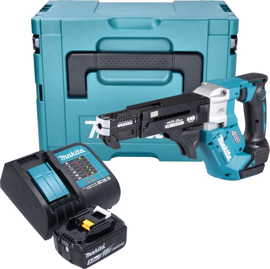 Makita DFR 552 ST1J Akku Magazinschrauber 18 V 25 - 55 mm Brushless + 1x Akku 5,0 Ah + Ladegerät + Makpac